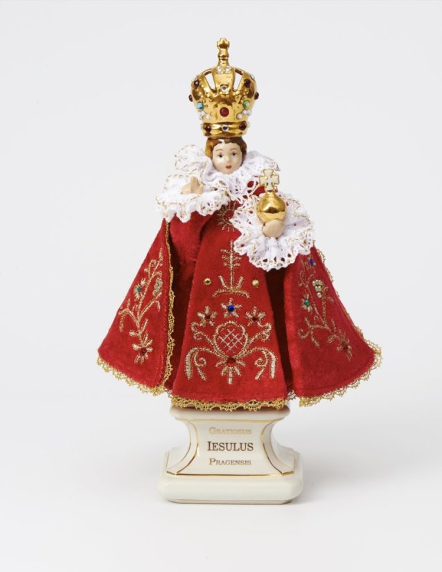 Pražské Jezulátko Porcelánové Oblečené – Malé s Podstavcem 22cm/8.66in - BARVA: Vínová